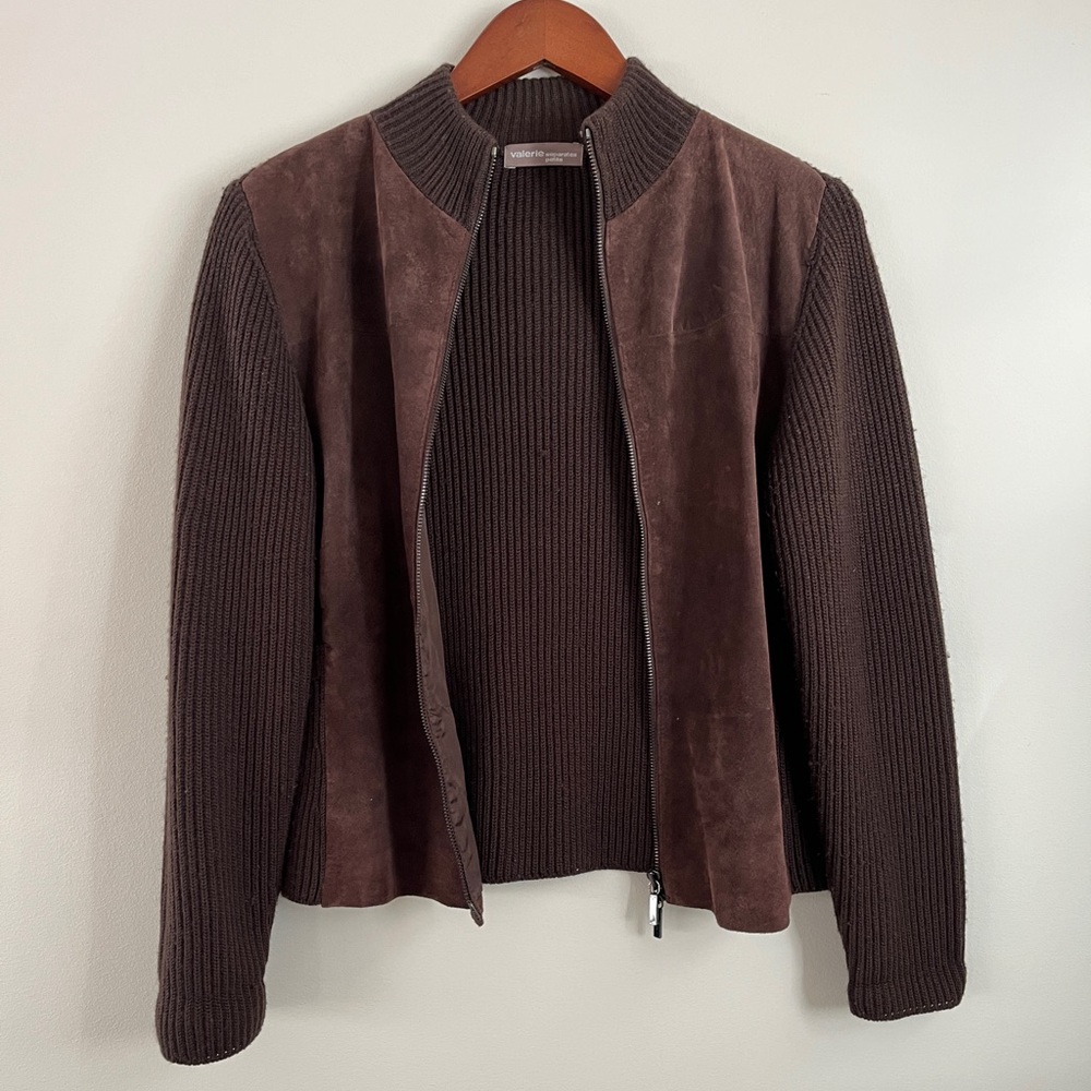 Valerie Separates Brown Suede Leather & Merino Wool Sweater Jacket | Size MP